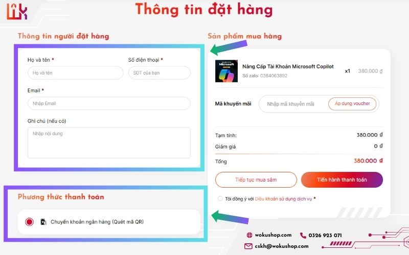 Nhập thông tin đặt hàng và chọn phương thức thanh toán phù hợp