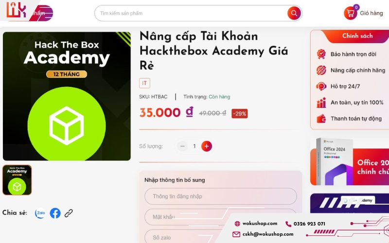 Điền thông tin tài khoản Hackthebox cần nâng cấp