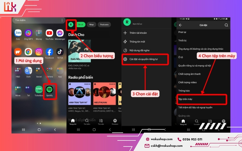 Up nhạc lên Spotify dễ dàng: Mở app, vào Cài đặt, chọn Tệp trên máy và tải nhạc lên ngay